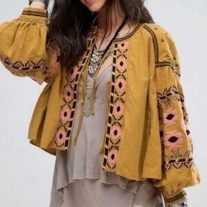 Anthropologie KD Koko Embroidered Long Sleeve SZ S Puff Sleeve Boho Peasant Fall